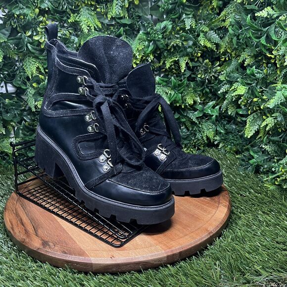 ZARA Boots Women 9 US 40 EU Black Moto Combat‎ Chunky Heel Lace Up Ankle 2111 - Picture 9 of 14